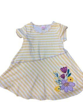 Ricrac & Ruffles Yellow Stripe Floral Dress 4T – Asymmetrical Hem – Flaw Shown
